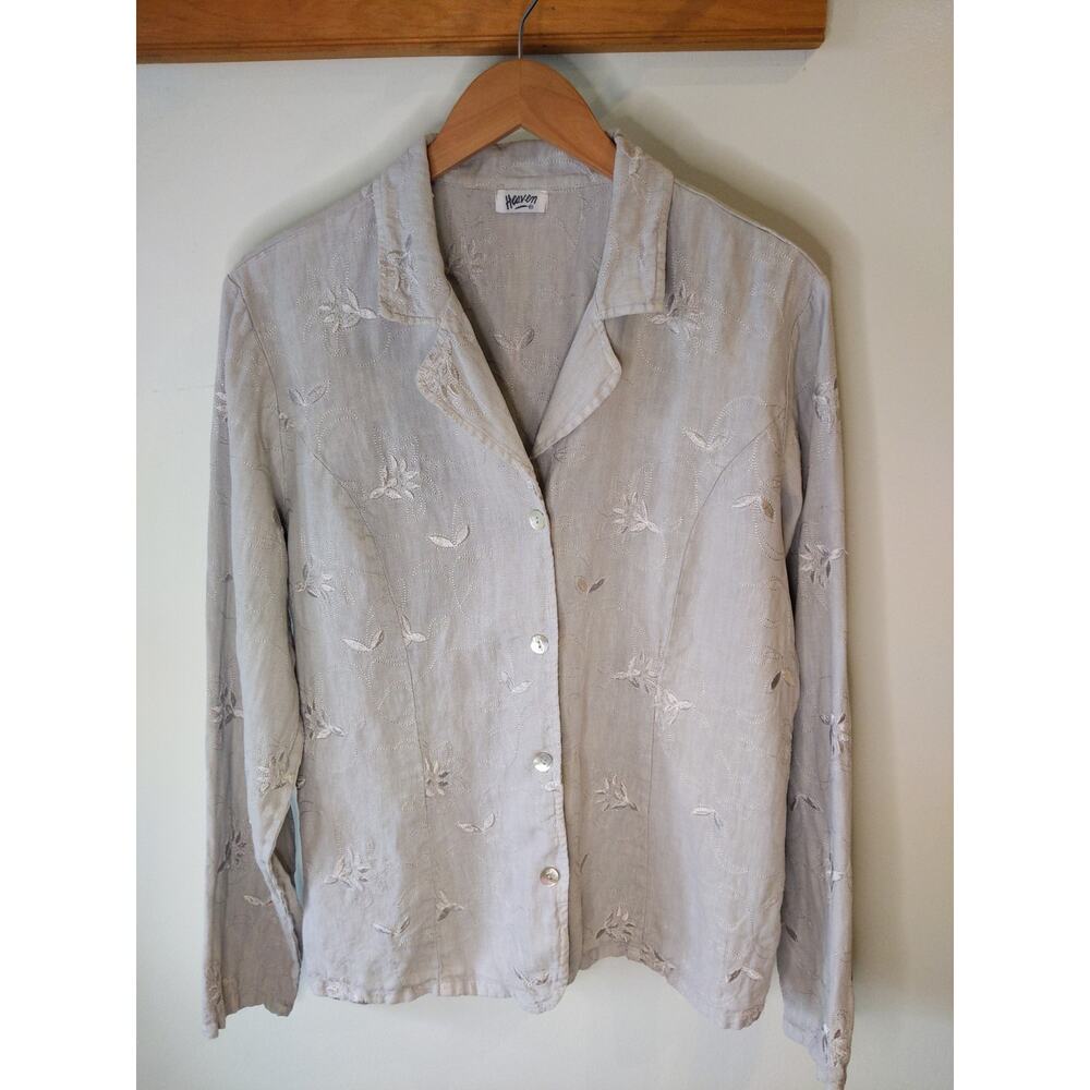Heaven Linen Embroidered Button Down Blouse Taupe Tonal Floral Boho Large